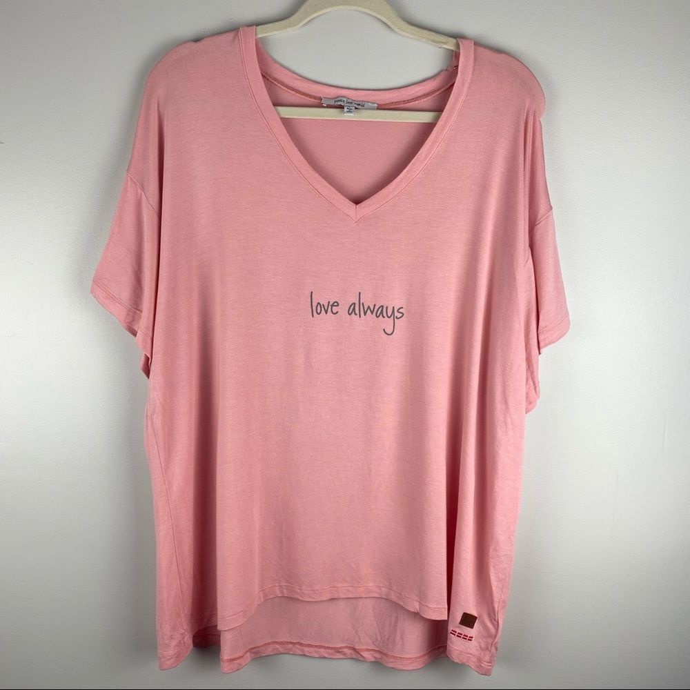 Peace Love World Pink "love always" V-Neck Short Sleeve Tee